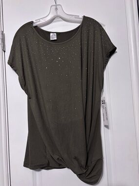 Linda Michael Studded Olive Twist-Hem Women's Top Size 2x